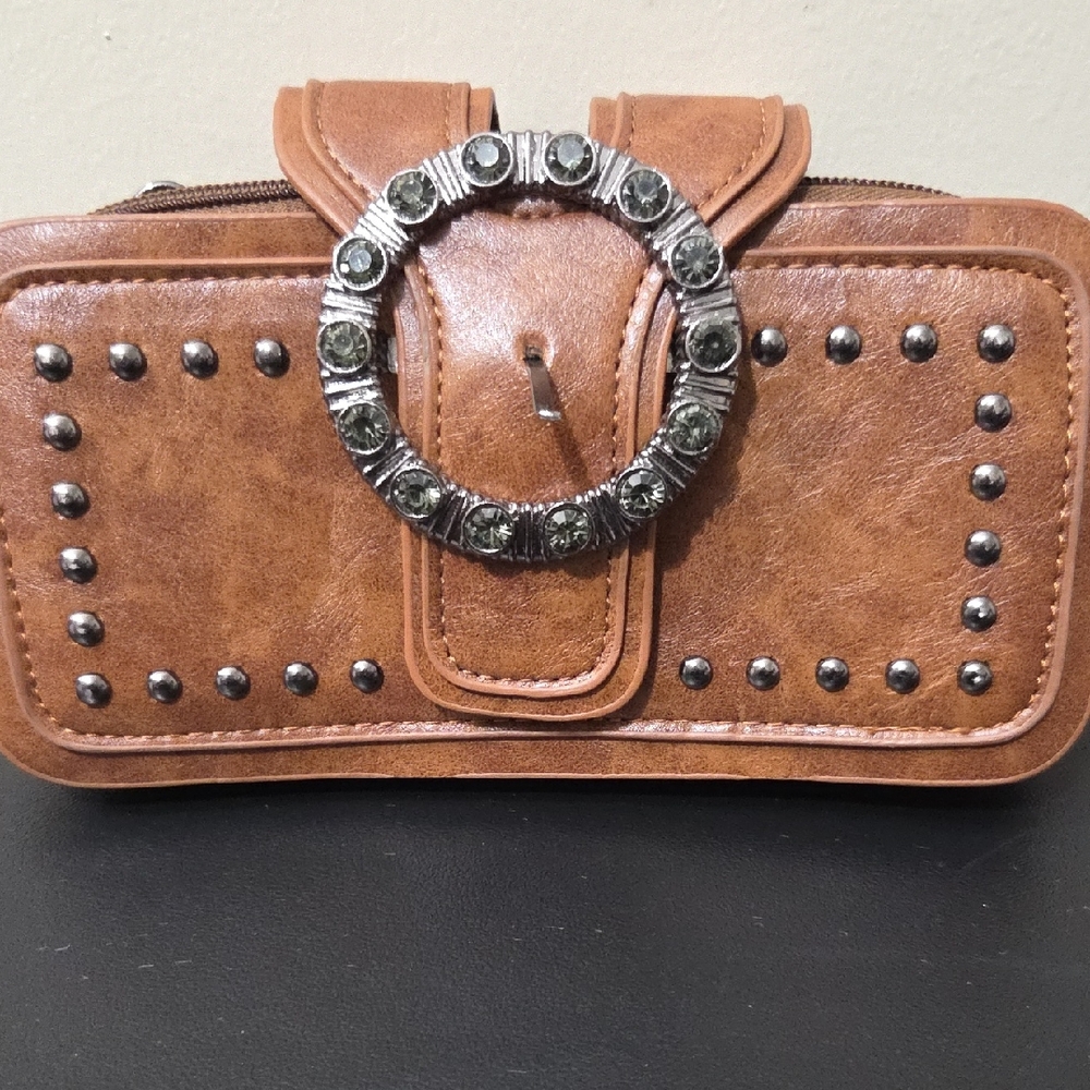 Brown Studded Clutch with Silver Accents